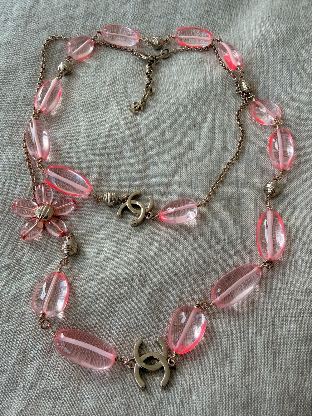 🌸CHANEL Pink Bead Necklace with 🌸 & CC Charms✨